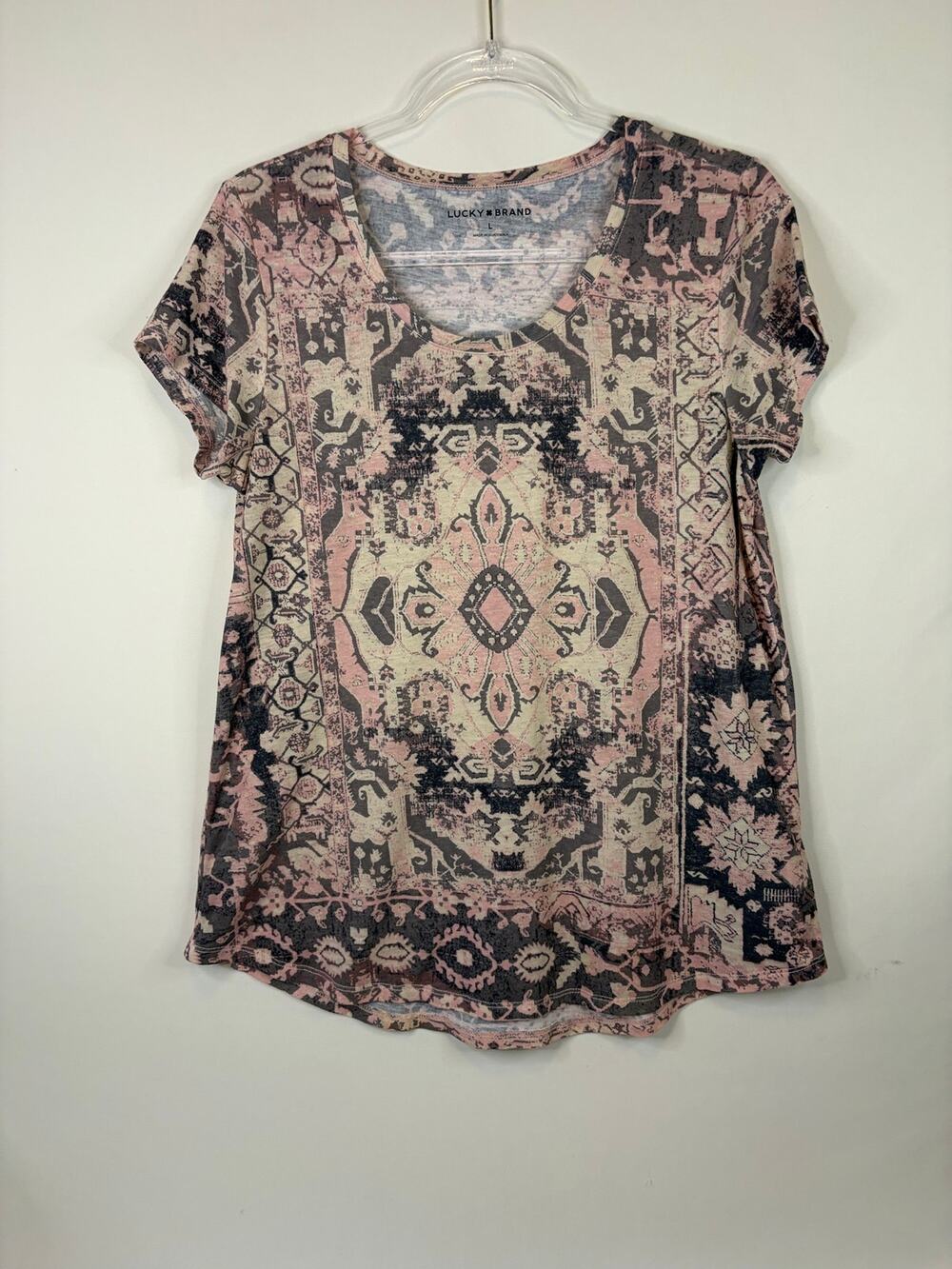 Lucky Brand Boho Tapestry Print Short Sleeve T-shirt Black Pink Size Large